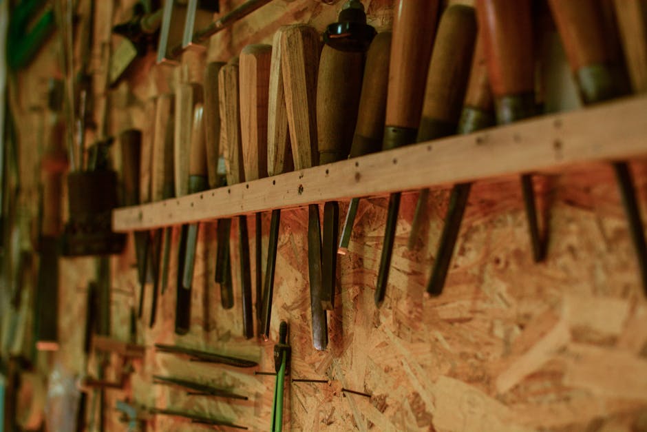 Close up of woodworking tools and timber used for a custom dining table