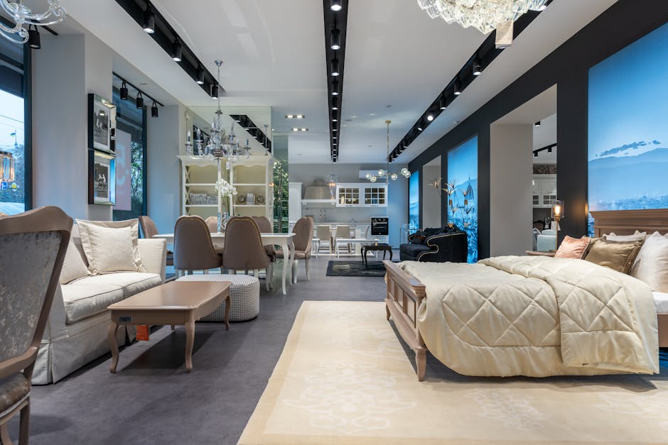 Modern furniture showroom interior showcasing bespoke pieces
